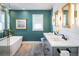 Elegant bathroom featuring a double vanity, soaking tub, and modern fixtures at 780 Utica Ave, Boulder, CO 80304