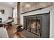 Living room fireplace with logs burning and decorative iron fireplace screen at 748 S Grape St, Denver, CO 80246