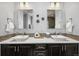 A modern bathroom features dual sinks, nice lighting, and views to shower and bathtub at 11046 Pastel Pt, Parker, CO 80134