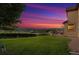 Backyard scene of a lush lawn and patio under a striking, colorful dusk sky at 4099 Starflower Rd, Castle Rock, CO 80109
