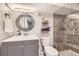 Modern bathroom featuring a glass enclosed shower, decorative mirror, and vanity storage at 1000 N Monaco Pkwy, Denver, CO 80220