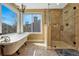 Elegant bathroom featuring a soaking tub and glass shower near a bright window at 19346 E Prentice Ln, Centennial, CO 80015