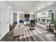 Bright living room with large windows, built-in shelving, fireplace, modern furniture, and stylish decor at 4940 Akron St, Denver, CO 80238