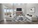 Bright, open living room with a fireplace, soaring ceilings, and lots of natural light at 6405 Kenzie Cir, Castle Pines, CO 80108