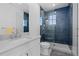 Modern bathroom featuring a walk-in shower, sleek fixtures and a white vanity at 7868 Cicero Ct, Littleton, CO 80125