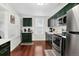 Stylish kitchen with green cabinets, stainless steel appliances, and hardwood floors at 1448 Depew St, Lakewood, CO 80214