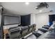 Home theater with tiered seating, projector, and a large screen for movie nights at 26404 E Caley Dr, Aurora, CO 80016
