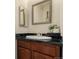 Bathroom featuring a dark counter, bright sink, framed mirror, and decorative plant at 1451 S Quitman St, Denver, CO 80219