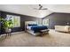 This main bedroom features dark accent walls, plush carpeting, a ceiling fan, and shuttered windows at 860 Quintana Ln, Erie, CO 80516