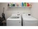 Laundry room features modern, white front-load washer and dryer, with shelving above for storage at 203 S Oak Hill St, Aurora, CO 80018