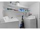 Convenient laundry room equipped with a washer, dryer, and shelving for storage at 3021 S Ursula Cir # 102, Aurora, CO 80014