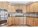 Kitchen with wooden cabinets, stainless steel appliances, and gray backsplash at 9576 E 147Th Pl, Brighton, CO 80602