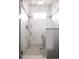 Walk-in shower featuring pebble floor, tiled walls, glass enclosure, and rainfall shower head at 3473 Beeler St, Denver, CO 80238