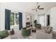 Staged living room features a gas fireplace, large picture window, and modern decor at 4076 S Carson St # H, Aurora, CO 80014