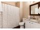 Bathroom with granite countertop, updated vanity, and shower at 3564 S Jebel Cir, Aurora, CO 80013