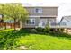 A lush green backyard with a well-maintained lawn, a mature tree, and a deck, perfect for outdoor living at 1041 Riddlewood Rd, Highlands Ranch, CO 80129