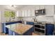 Well-lit kitchen with navy blue lower cabinets, light countertops, and stainless steel appliances at 11525 Eaton Ct, Westminster, CO 80020