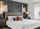 Close-up of the main bedroom featuring a gray accent wall and decorative lamps at 9446 Quintero St, Commerce City, CO 80022