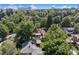 A high aerial shot shows the house surrounded by mature trees and glimpses of city buildings in the distance at 801 S Steele St, Denver, CO 80209