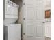 A white stacked washer and dryer set sit next to a white door at 9633 E 5Th Ave # 10304, Denver, CO 80230