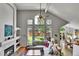 Expansive living room featuring a fireplace, soaring ceilings and expansive windows with great backyard views at 10653 W Parkhill Dr, Littleton, CO 80127