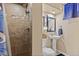 Bathroom showcasing a shower with tiled walls, and a pedestal sink with a decorative mirror at 11320 Irma Dr, Northglenn, CO 80233
