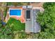 Bird's eye view of backyard with in-ground pool, patio, and well-maintained lawn bordered by trees at 12176 W Ohio Pl, Lakewood, CO 80228
