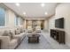 Finished basement living room area is complete with carpet, recessed lighting, and a media area at 1076 Rosemary St, Denver, CO 80230