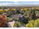 An aerial view showcases the home's garage, backyard pool, shed, foliage, and neighborhood in the Fall at 6709 Walker Ct, Niwot, CO 80503