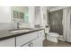 Sleek bathroom featuring a modern vanity, toilet, and gray tiled shower at 3168 W 29Th Ave, Denver, CO 80211