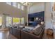 Open concept living room featuring a large sectional sofa, a fireplace, and a wall of windows with views at 2339 Elkhorn St, Parker, CO 80138