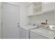 Laundry room with washer, dryer, and shelving for storage at 10836 W Evans Ave # 32, Lakewood, CO 80227