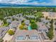 Aerial view of a well-maintained residential community with manicured green spaces, a pool, and mountain views at 7481 Singing Hills Dr, Boulder, CO 80301