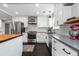 Well-equipped kitchen with stainless steel appliances, sleek cabinetry, and hardwood floors with modern backsplash at 2385 S Marion St, Denver, CO 80210