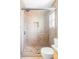 Modern tiled shower with glass door and decorative inlay, offering a spa-like experience in your home at 9469 W Ute Dr, Littleton, CO 80128