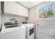 Laundry room with a washer and dryer, a door to the exterior, and cabinetry for storage at 8346 W Woodard Dr, Lakewood, CO 80227