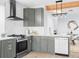 Stylish kitchen boasts gray cabinets, stainless steel appliances, and an island at 1838 Race St, Denver, CO 80206