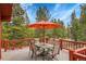 Outdoor deck with a patio table, chairs, and large umbrella perfect for entertaining guests and enjoying the forest view at 387 Pine Dr, Idaho Springs, CO 80452