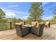 Expansive deck features cozy seating and a fire pit, ideal for enjoying the mountain views at 994 Timber Ln, Boulder, CO 80304