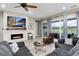 Cozy living room with a stone fireplace, modern seating, and large sliding glass doors for natural light at 5072 Silver Hare Ln, Castle Rock, CO 80104