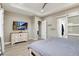 Spacious primary bedroom with trey ceilings, tv, and access to the primary bath and closet at 5072 Silver Hare Ln, Castle Rock, CO 80104