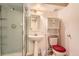 Bathroom features standing shower, white sink, and a white toilet with a red seat at 7166 Newhall Dr, Highlands Ranch, CO 80130