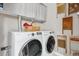 Laundry room featuring a modern washing machine and dryer set, and vintage washboards on the wall at 7770 S Estes St, Littleton, CO 80128