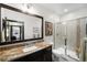 Bathroom with granite countertop vanity, large mirror, glass shower, and neutral color palette at 10243 Spring Green Dr, Englewood, CO 80112