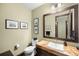 Charming bathroom with a granite countertop, vessel sink, and decorative framed mirrors at 10243 Spring Green Dr, Englewood, CO 80112