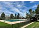 An outdoor swimming pool is covered by a tarp during the off-season, surrounded by trees and a fenced perimeter at 6719 E Costilla Cir, Centennial, CO 80112