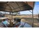 Outdoor dining area with table, chairs and gazebo overlooking the large grassy backyard at 8815 W Quarto Cir, Littleton, CO 80128