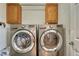 A laundry room with stainless steel front-load washer and dryer and cabinetry above at 1166 Belgian Trl, Elizabeth, CO 80107