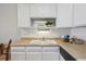 Close-up of a kitchen sink area with white cabinets and warm countertop at 655 S Alton Way # 5C, Denver, CO 80247