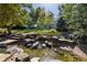 Scenic backyard with a pond, mature trees, and lush landscaping, creating a tranquil outdoor space at 4483 W Cottonwood Pl, Littleton, CO 80123